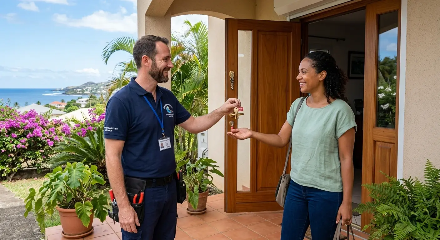 Serrurier Serrure Prestige remettant les clés à une cliente après ouverture de porte La Réunion