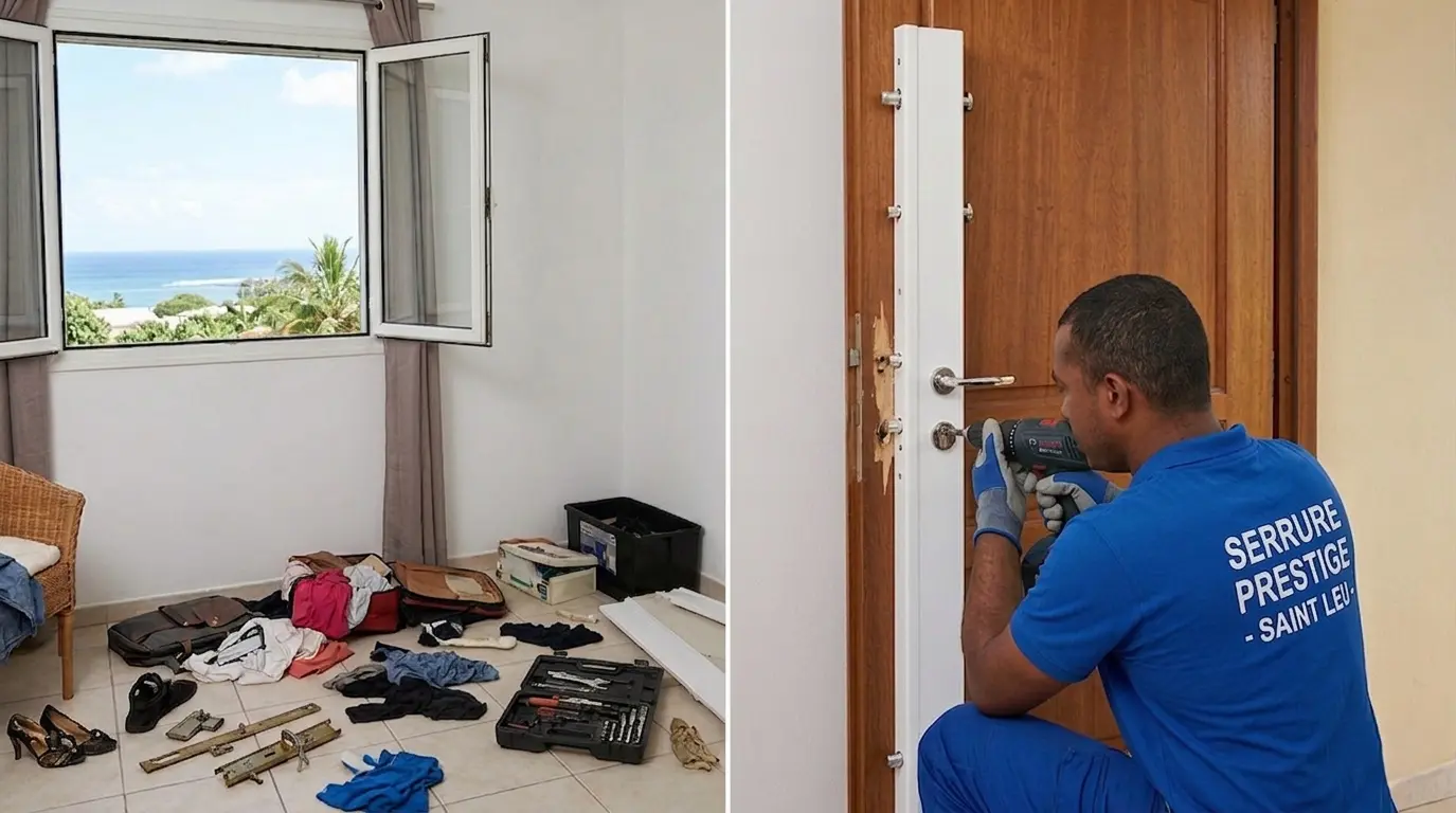Technicien Serrure Prestige Saint-Leu sécurisant une porte après effraction à La Réunion