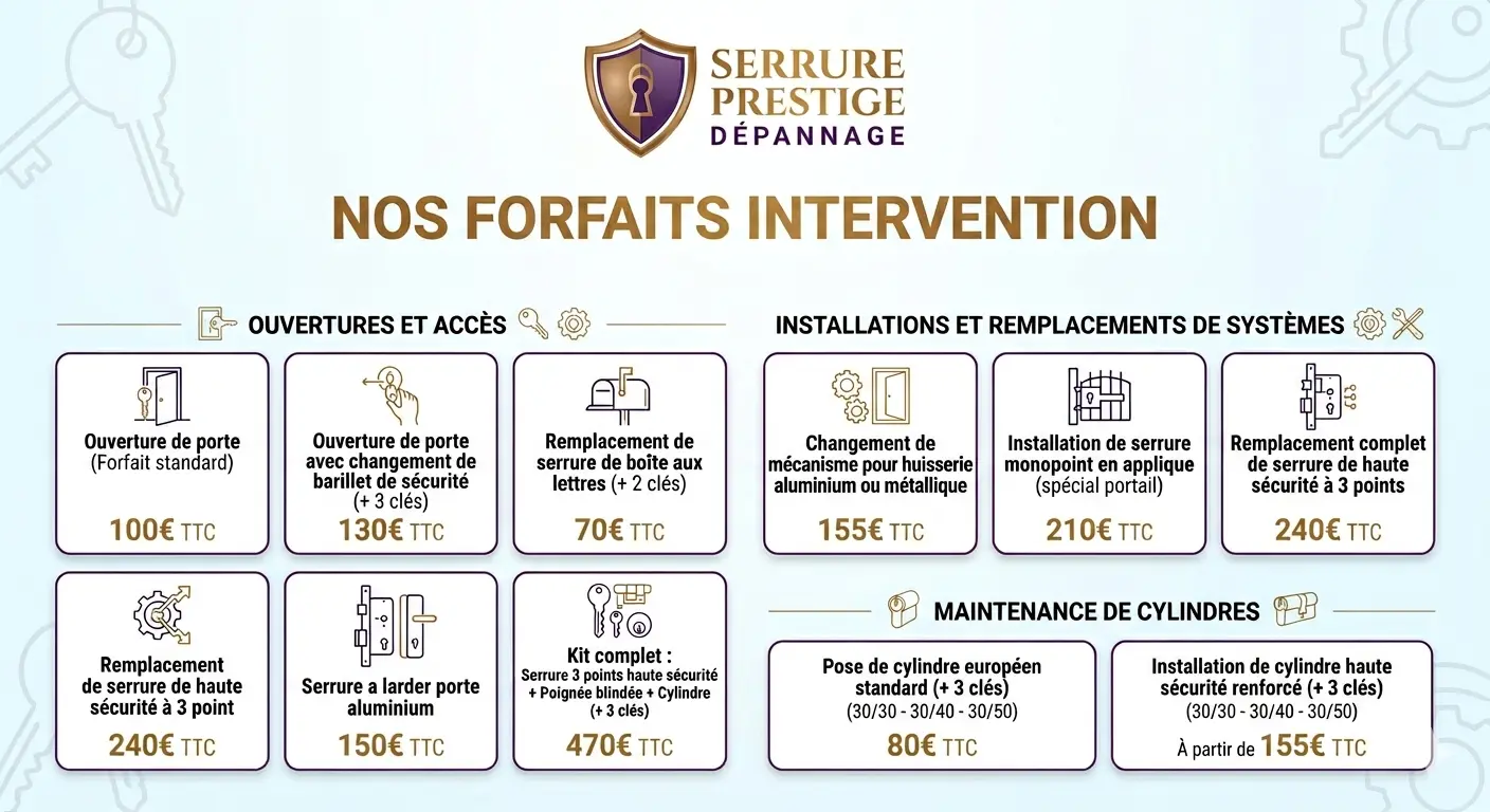 Grille tarifaire officielle Serrure Prestige Dépannage — forfaits intervention serrurerie La Réunion